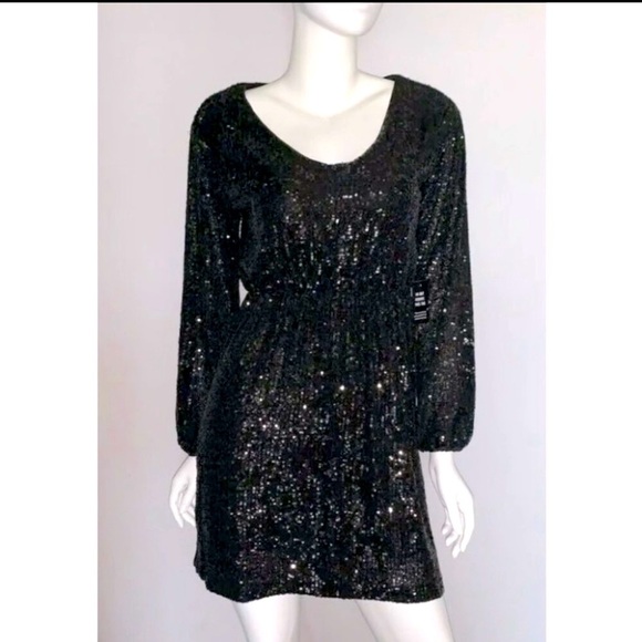 Back Stage Sequin Dress Long Sleeves Chic Cinch Waist Black NEW With Tags NWT - Picture 2 of 13